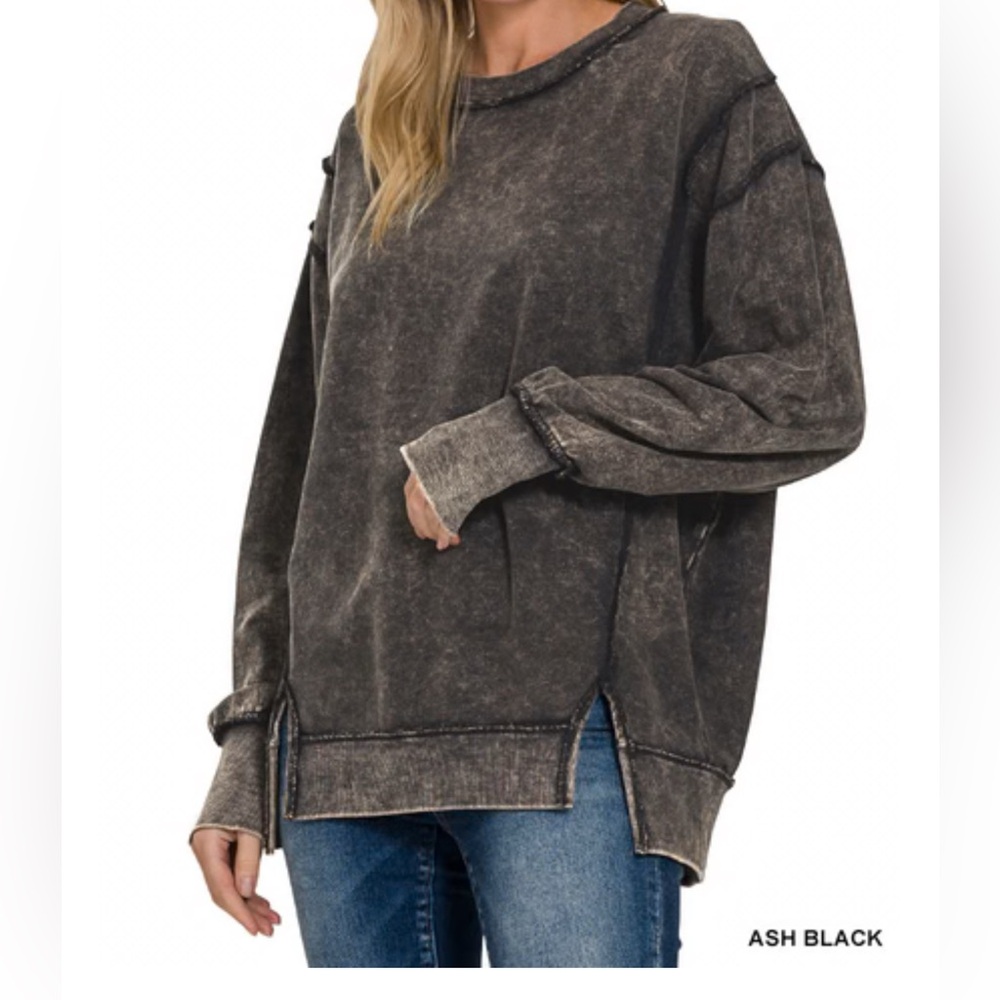 Zenana brand black acid wash frayed hem sweatshirt